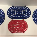 Set of four enameled cast iron trivets retro design vintage art