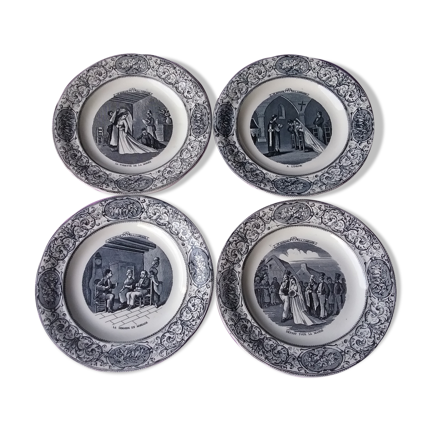 4 Gien opaque porcelain speaking plates 20 cm in diameter, theme a wedding in the countryside