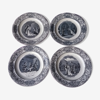 4 assiettes parlantes porcelaine opaque de Gien 20 cm de diamètre,  thème un mariage  à la campagne