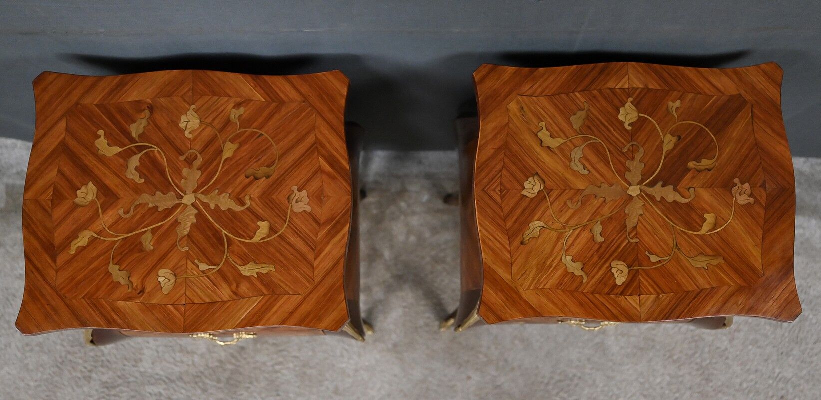 Pair of bedside tables in marquetry, Louis XV style – Mid 20th century