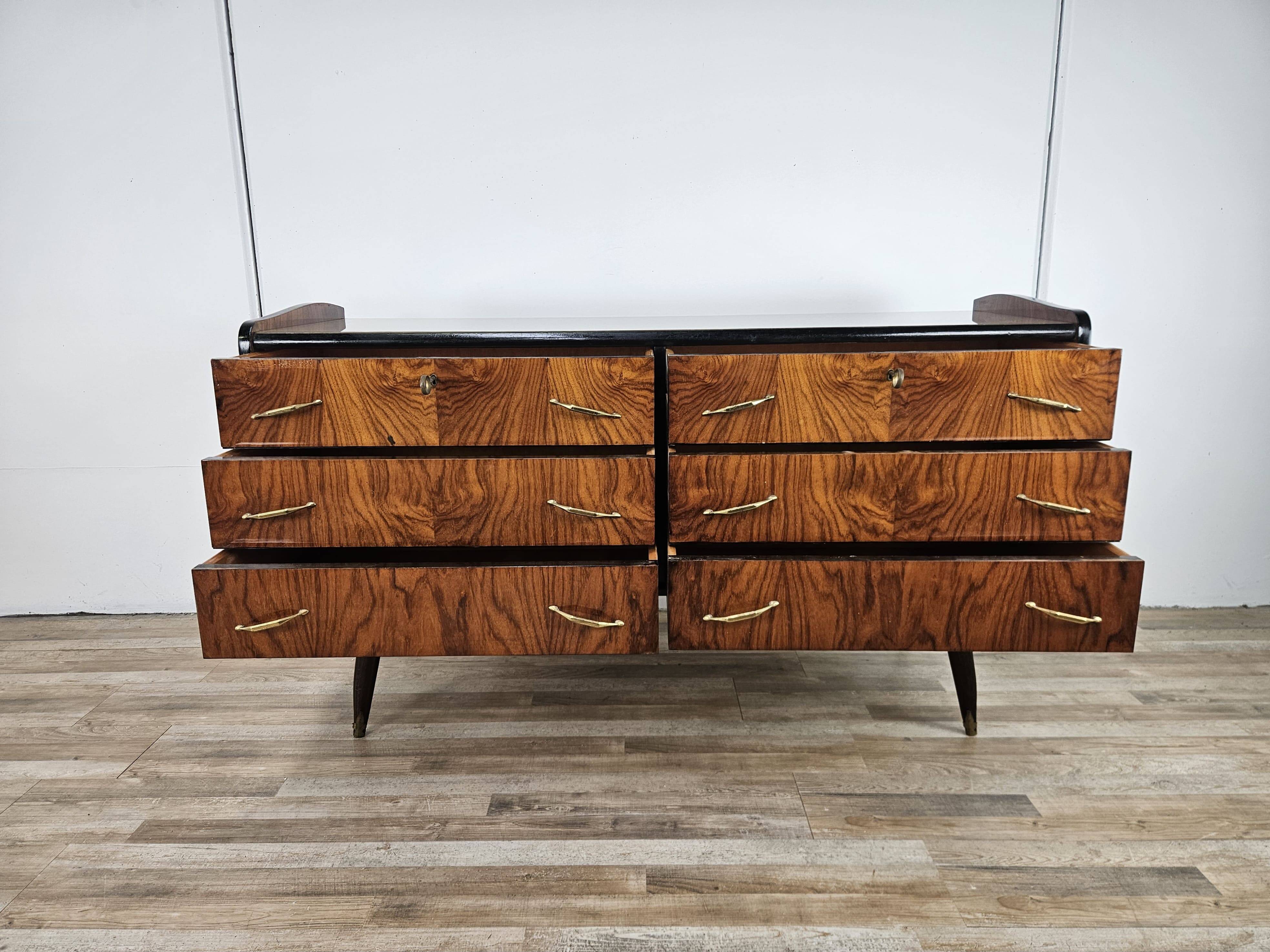 1950s six-drawer chest of drawers with glass top