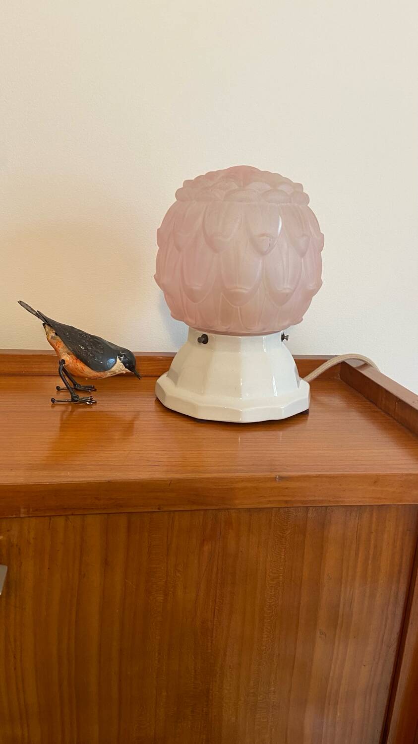 Art Deco powder pink globe lamp and porcelain base