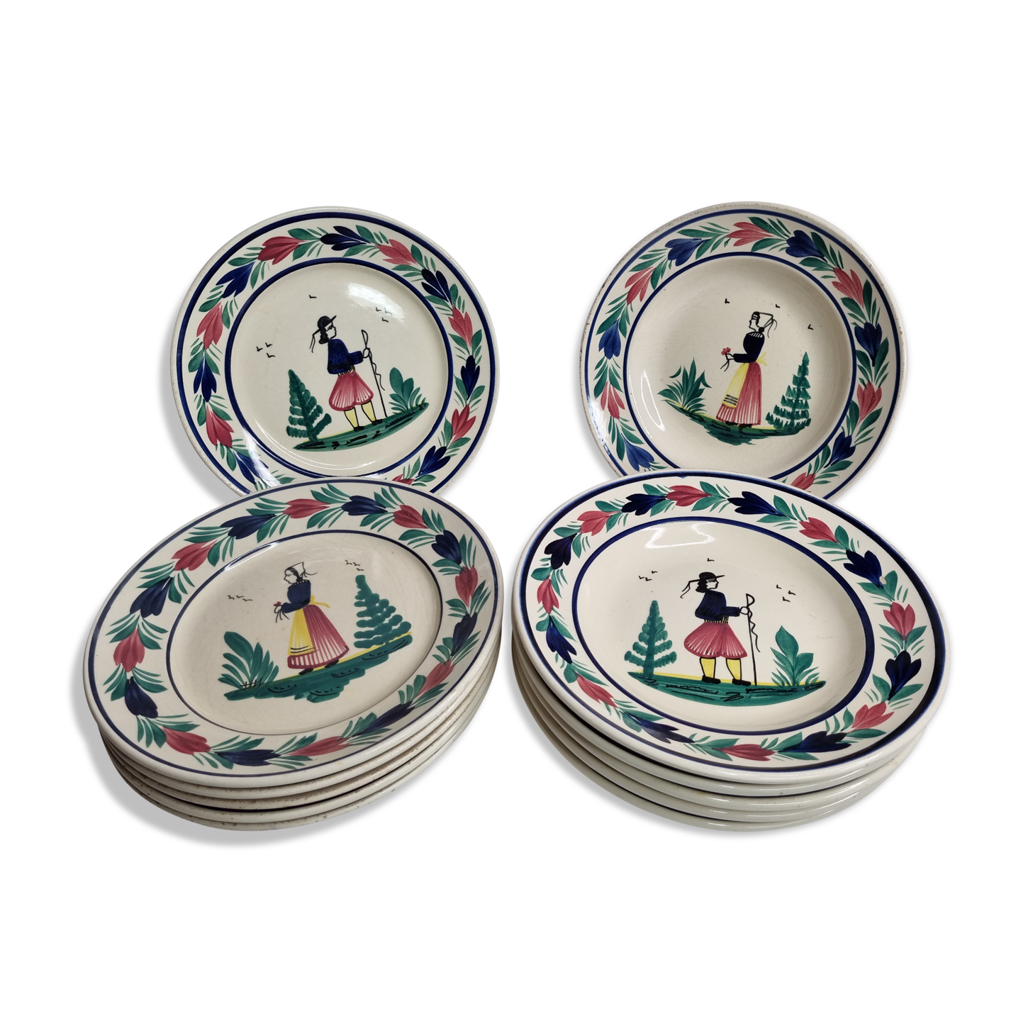 Set of 12 flat and hollow old plates decorated Breton, Henriot, Quimper