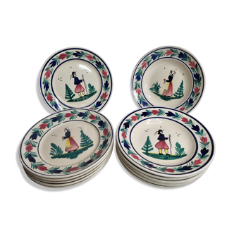Set of 12 flat and hollow old plates decorated Breton, Henriot, Quimper