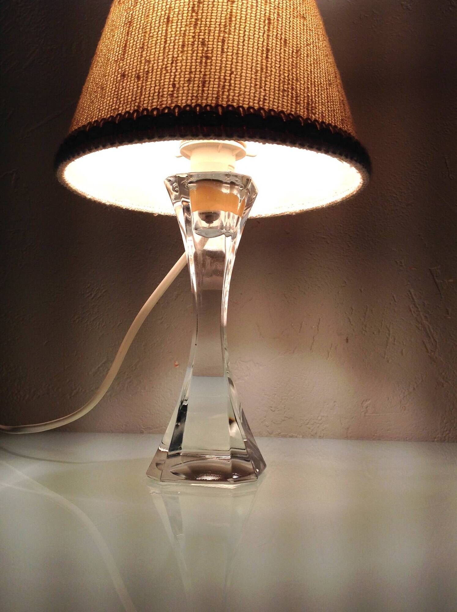 Bedside lamp with glass base and beige fabric lampshade / vintage 60s-70s