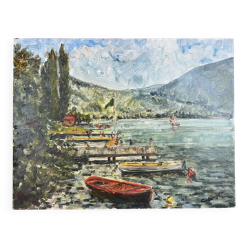 View of a mountain lake, lively seascape, oil on hardboard.