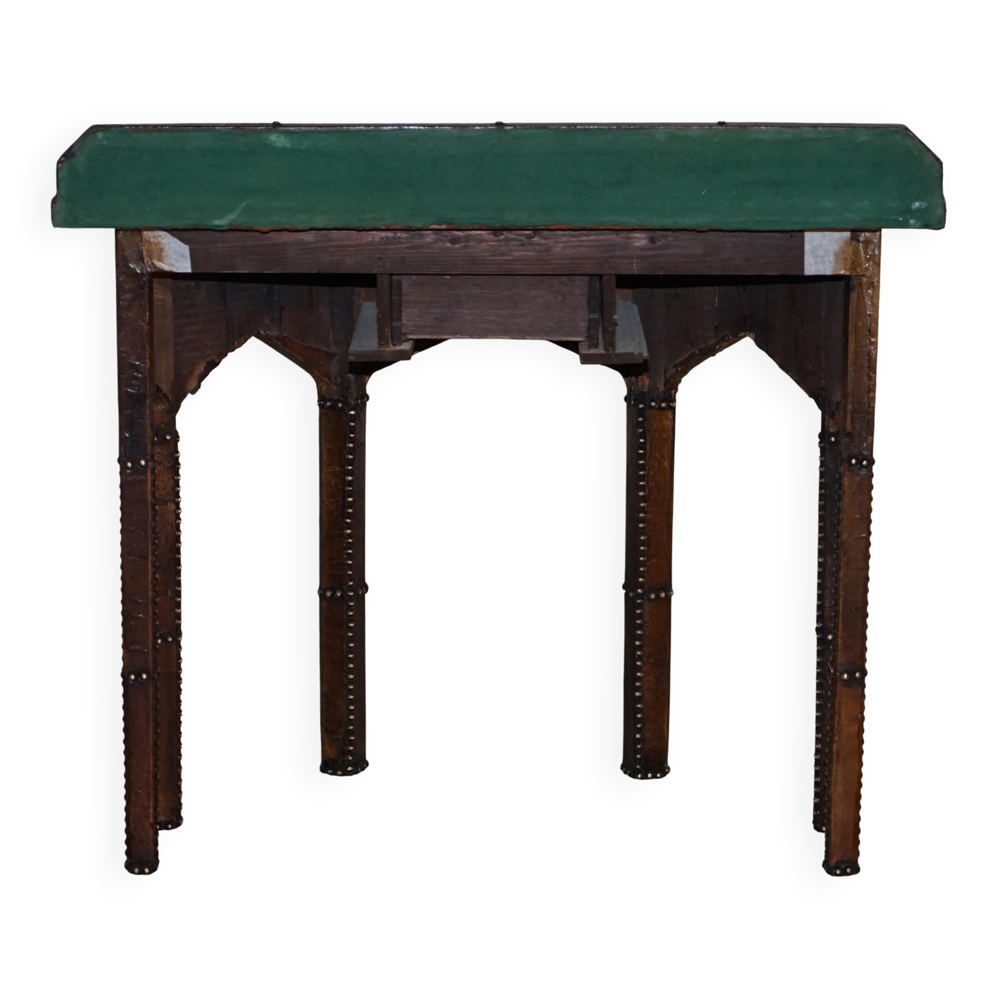 Table Console Antique en Cuir Clouté Style Gothique Pugin Restaurée