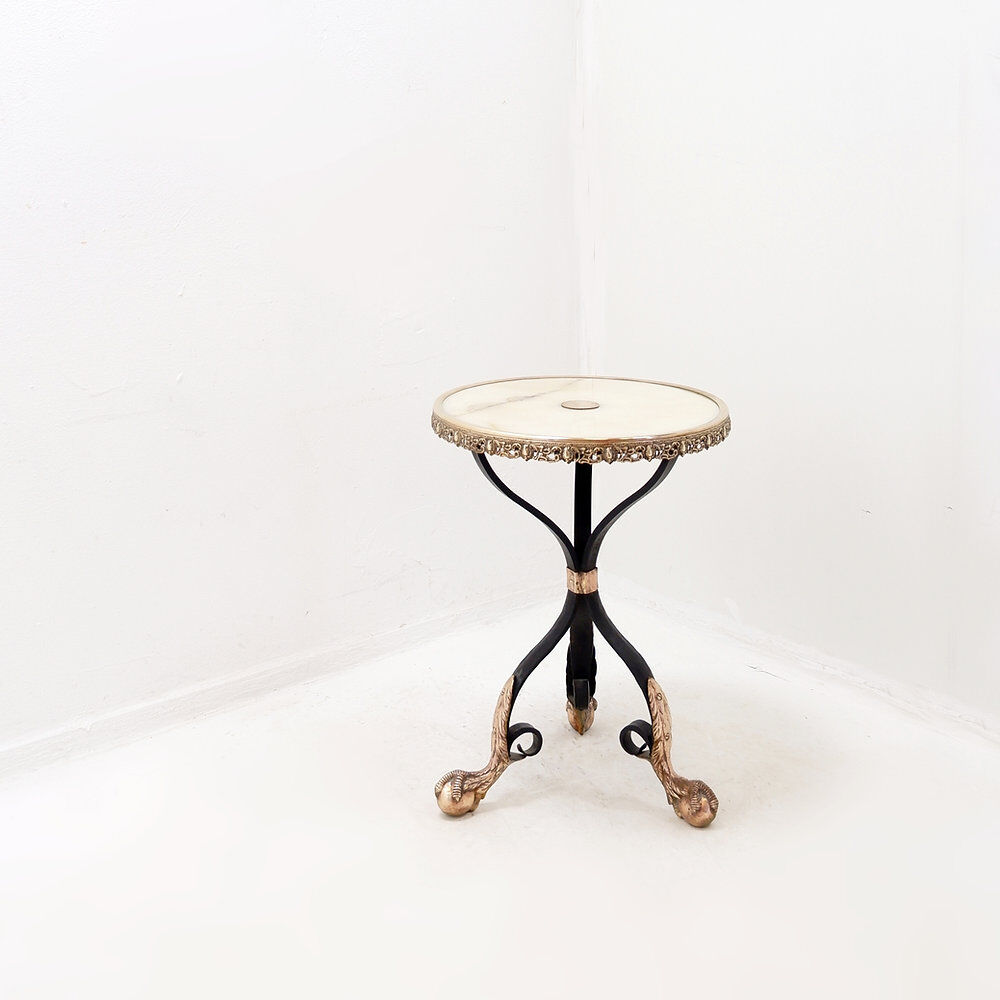 Tripod gueridon in wrought iron with brass decorations and alabaster top - 1950s
