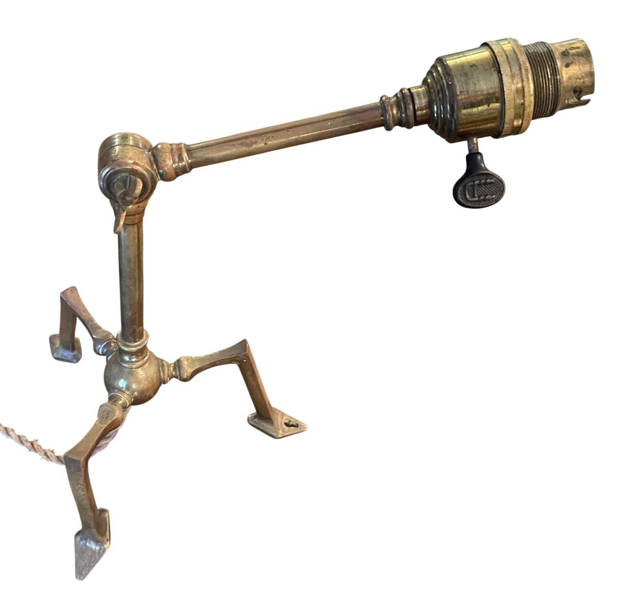 Rare articulated tripod base table lamp in gold-plated brass