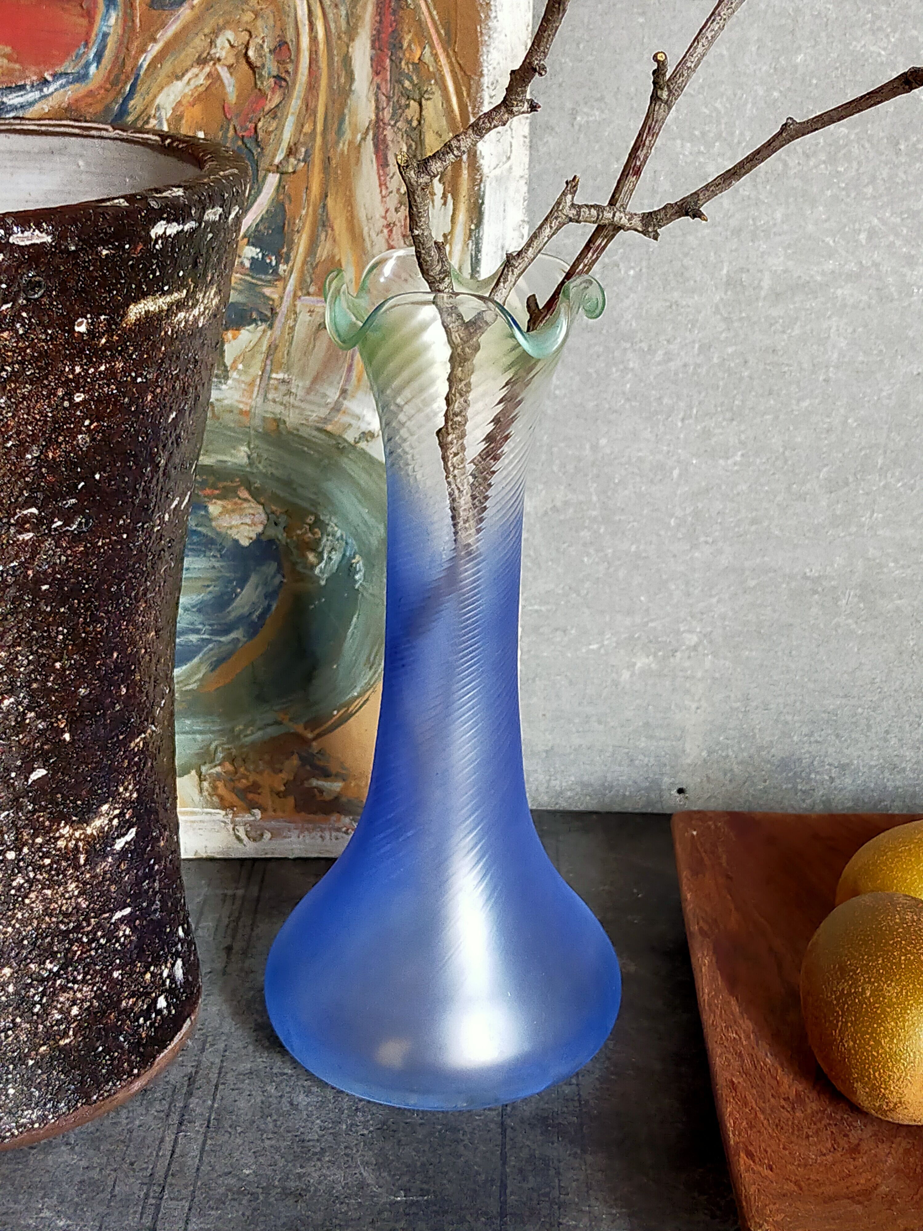 Blown glass vase frosted effect blue and vintage green