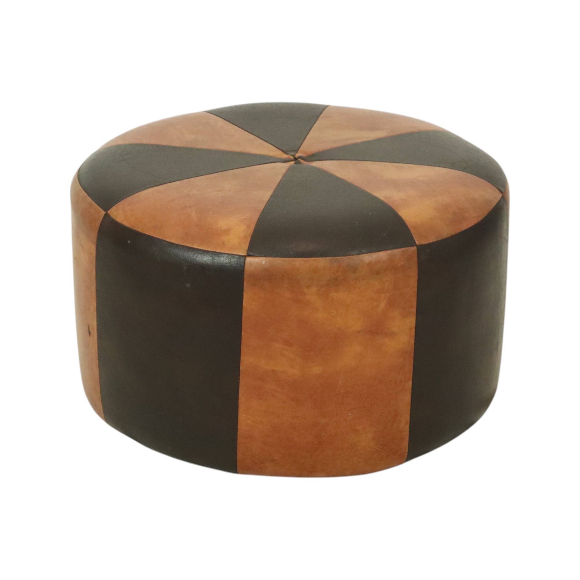 Round Vintage Brown Pouf Two-Tone Skai Leather Sixties