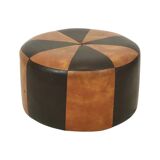 Round Vintage Brown Pouf Two-Tone Skai Leather Sixties