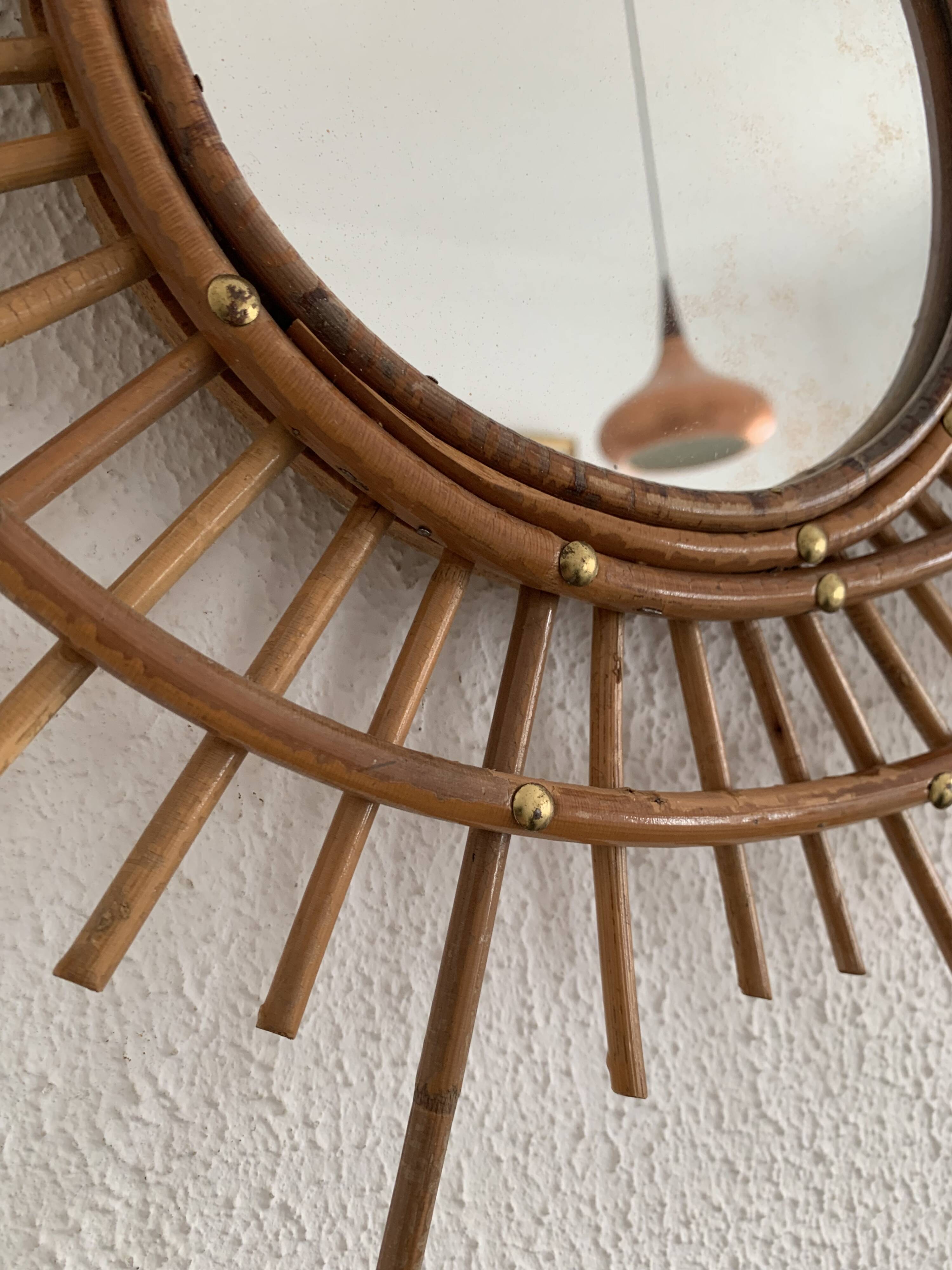Vintage 1960 sun mirror rattan wicker ortf spiral design - 68 x 52 cm