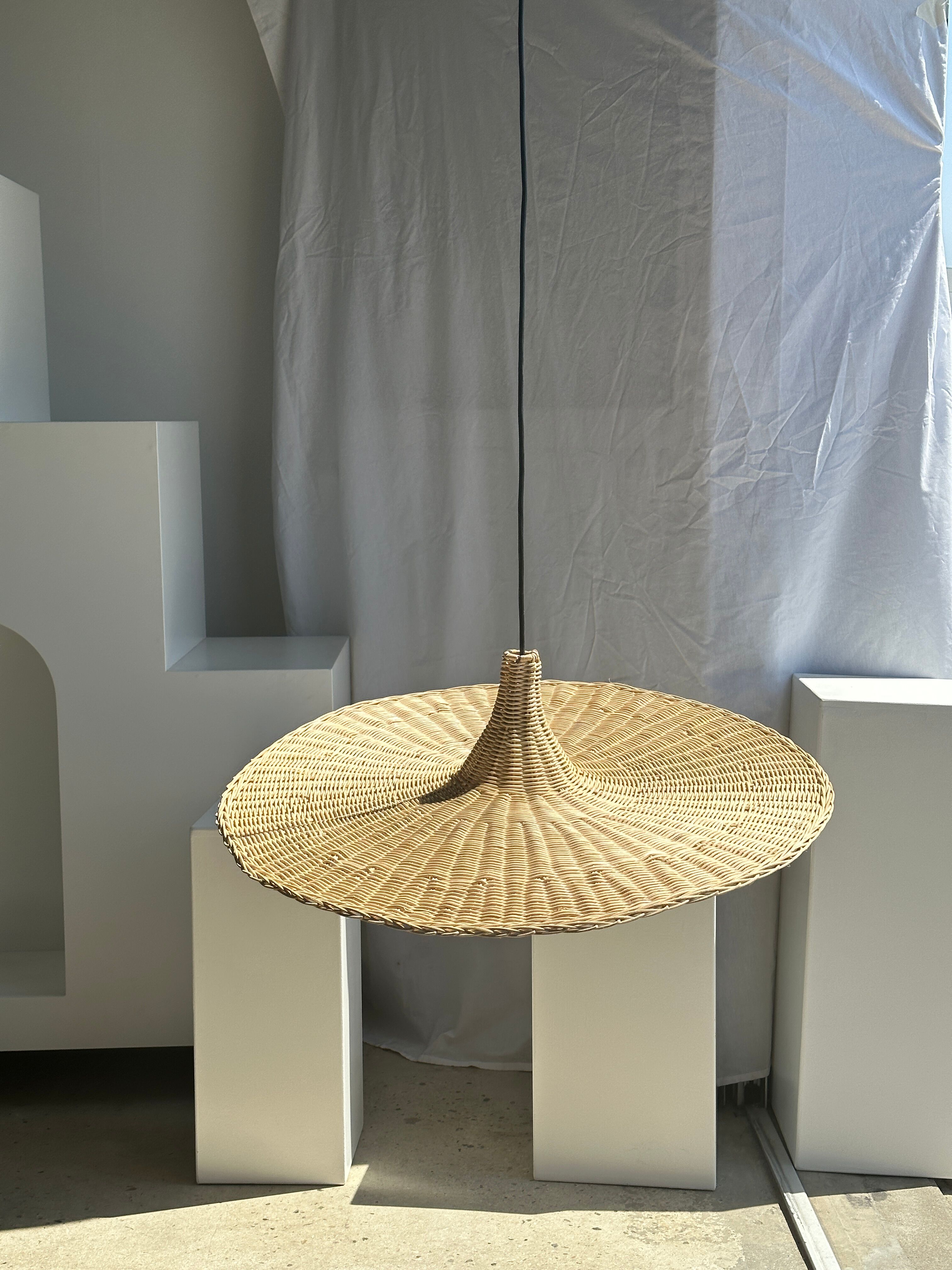 Large suspension, rattan luminaire in hat shape D:80cm