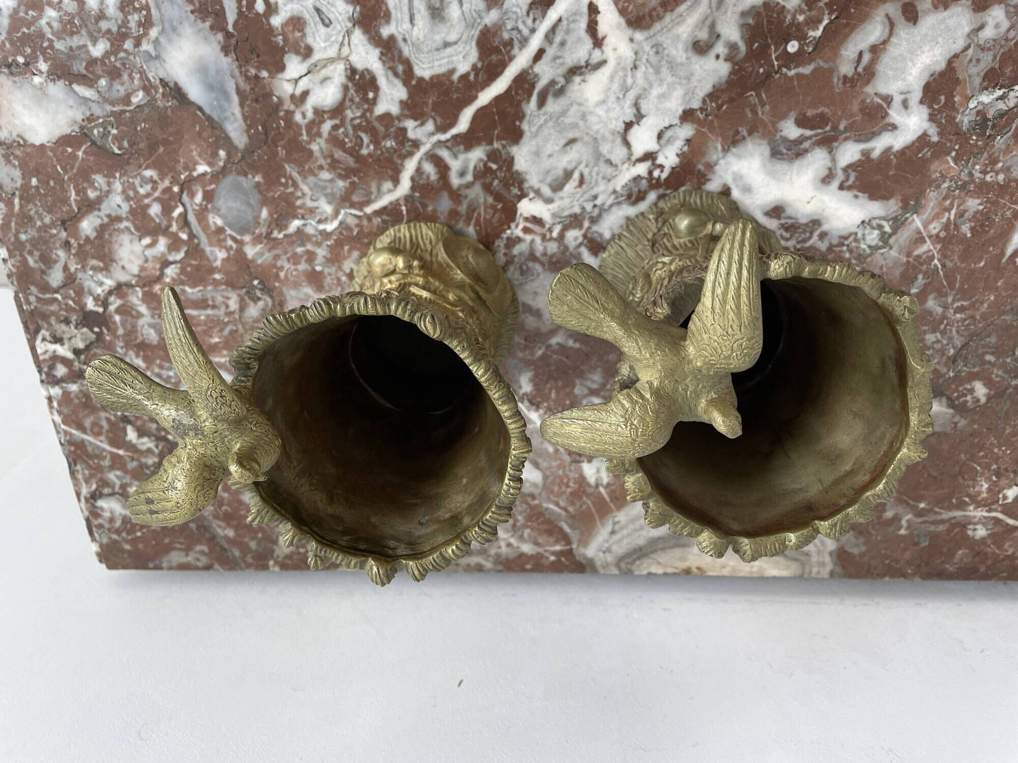 Pair of vases, solid bronze, gilded, early 20th century work, dove decoration, sheaf of wheat, art