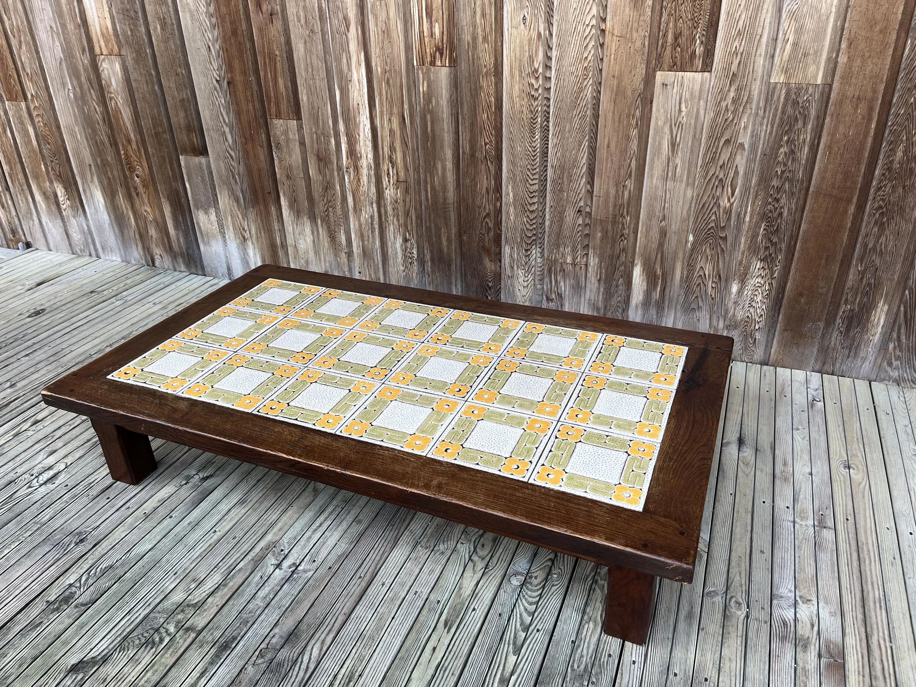 Large vintage 1960s oak and ceramic coffee table.