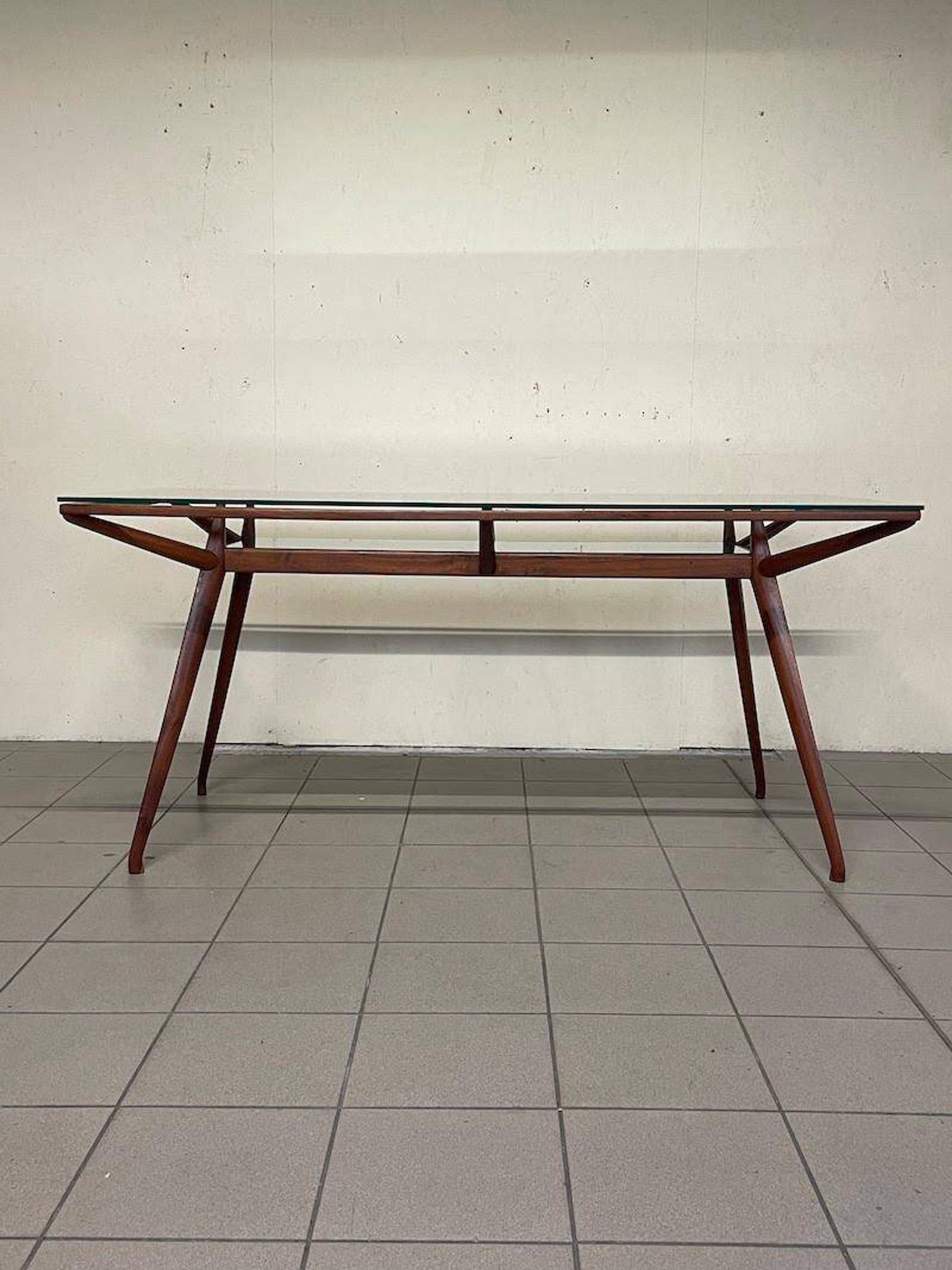 1950s Italian Wooden Table with Double Glass Top