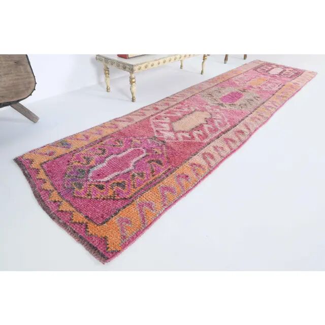 1970s Turkish Hand-Knotted Wool Cotton Pink Runner 87x294