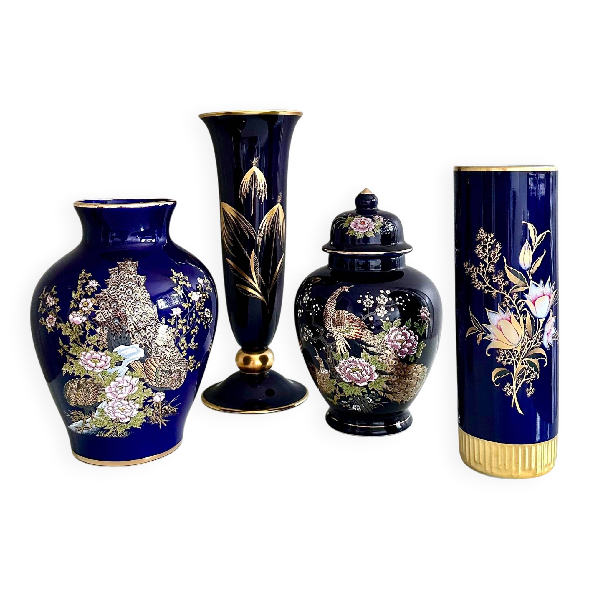 Cobalt blue vases collection, mid-century porcelain vases, vintage interior