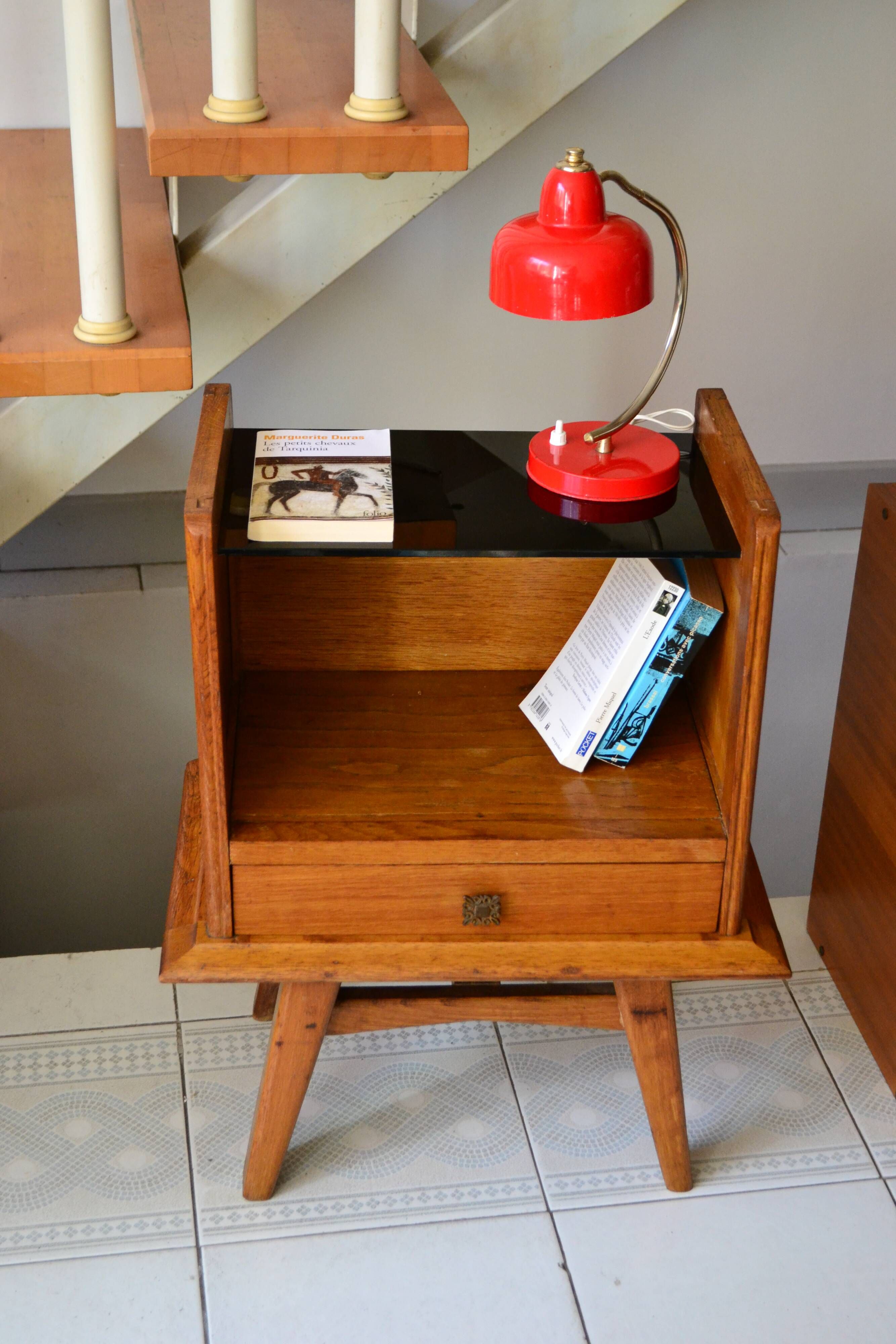 Compass foot bedside table in oak and opaline glass