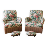 Lot de 2 fauteuils et repose-pieds Napoléon III, tissu floral