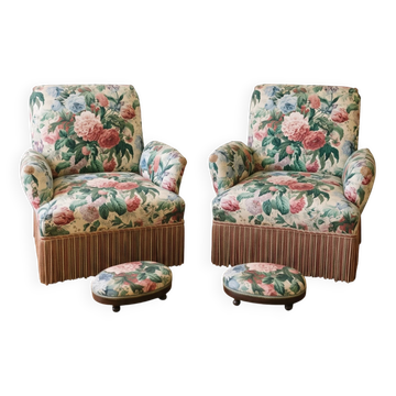 Set of 2 Napoleon III armchairs and footstool, floral fabric