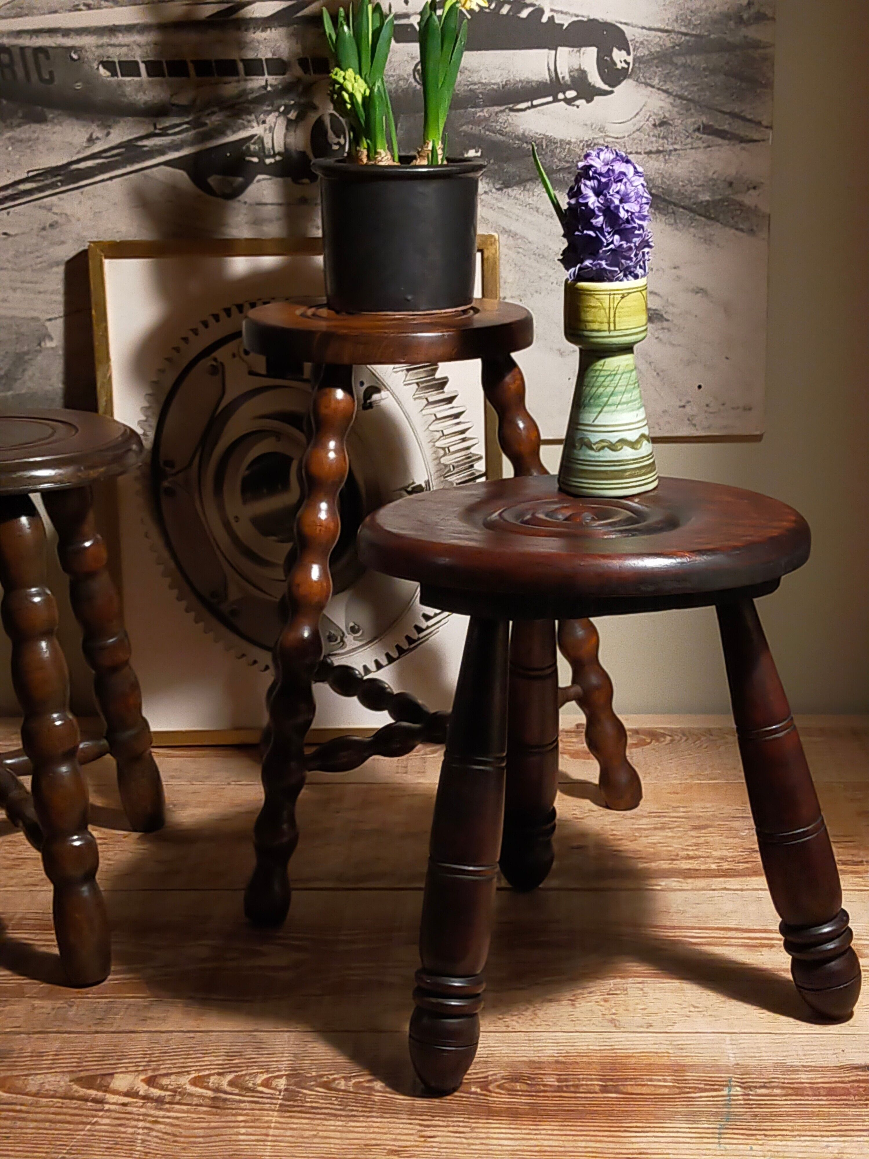 Tripod stool solid wood turned vintage