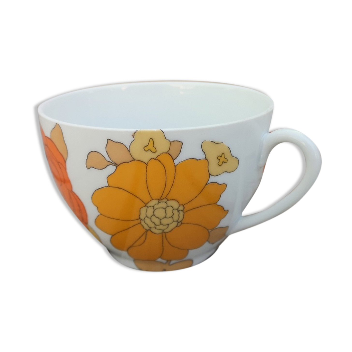 Large Vintage Porcelain Cup with Orange Flower Decor signed Pillivuyt