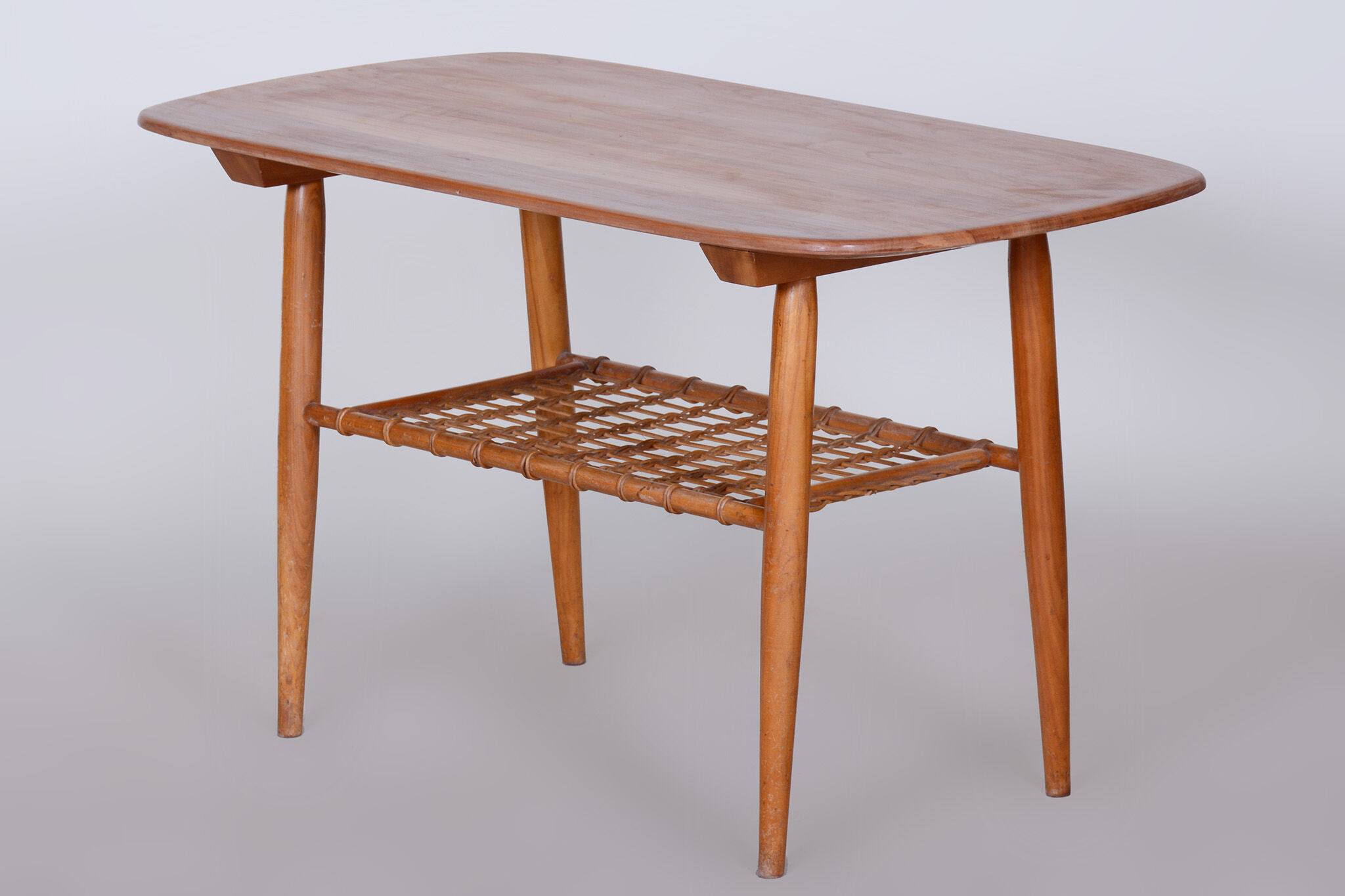 Restored Mid-Century Style Coffee Table, Cherry-Tree, Rattan, 1950s, Czechia