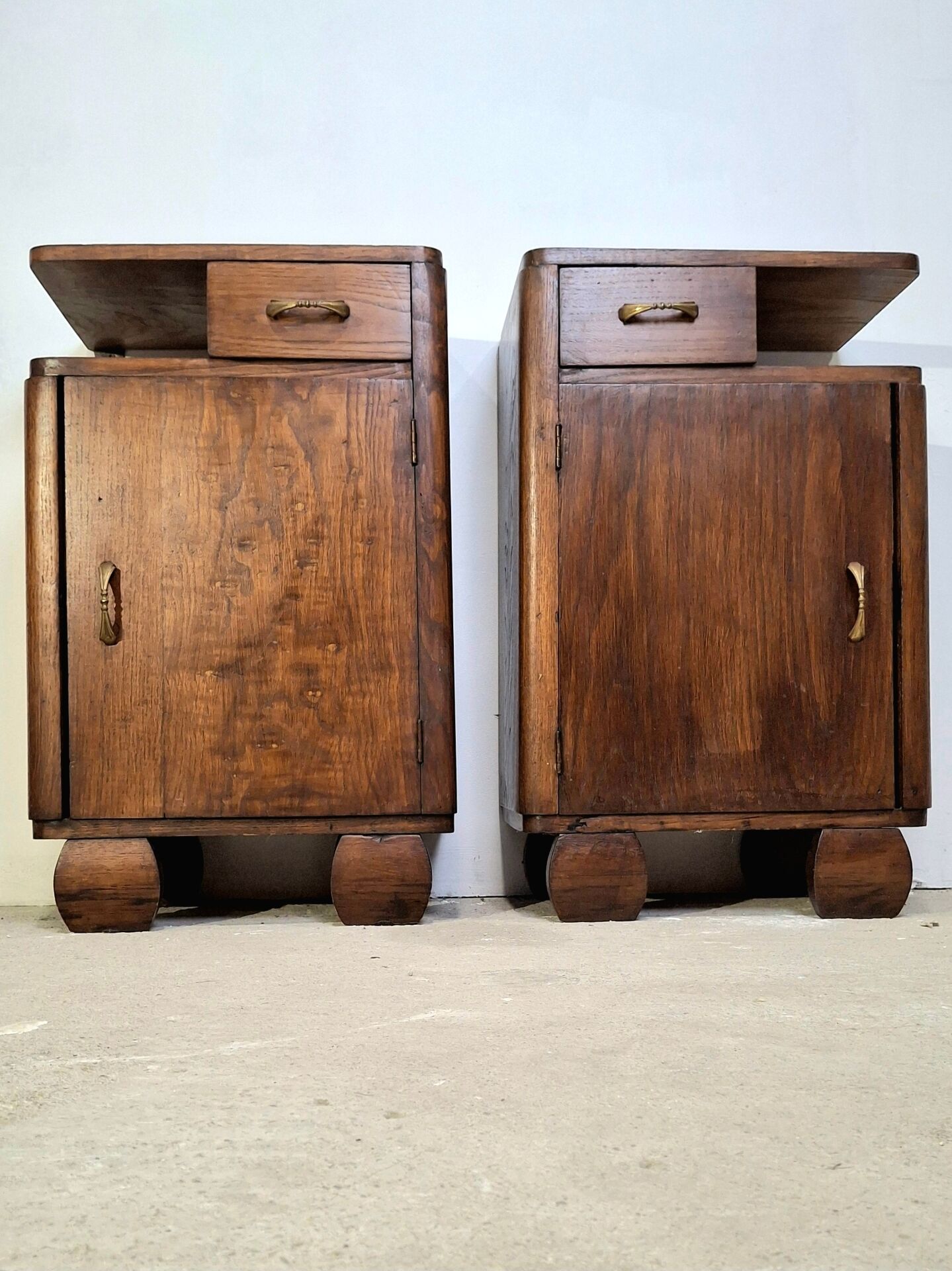 Vintage Art Deco Nightstands Pair Wooden Bedside Tables with Brass Har