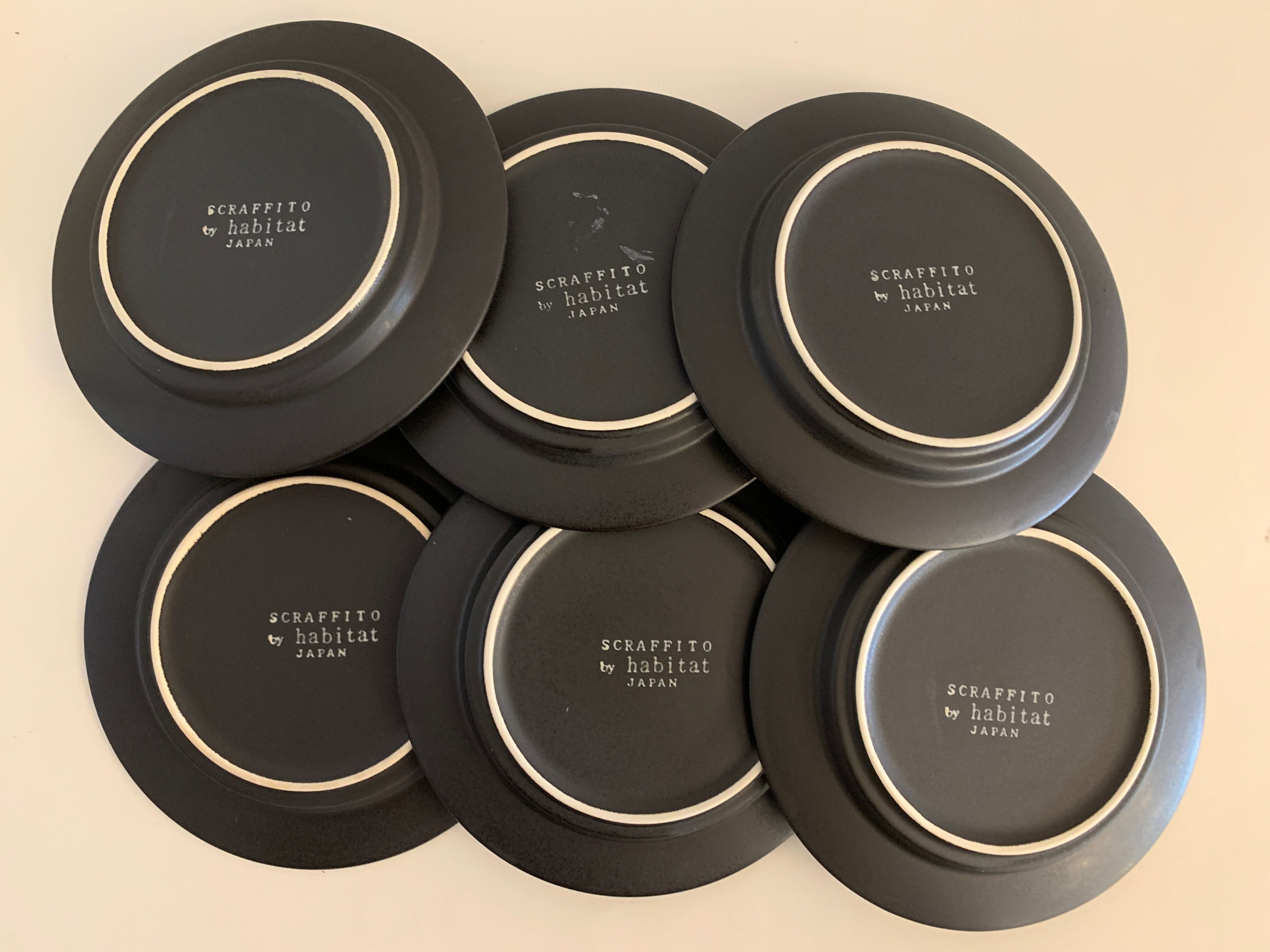 6 black and white dessert plates Scraffito, Habitat Japan, 1970