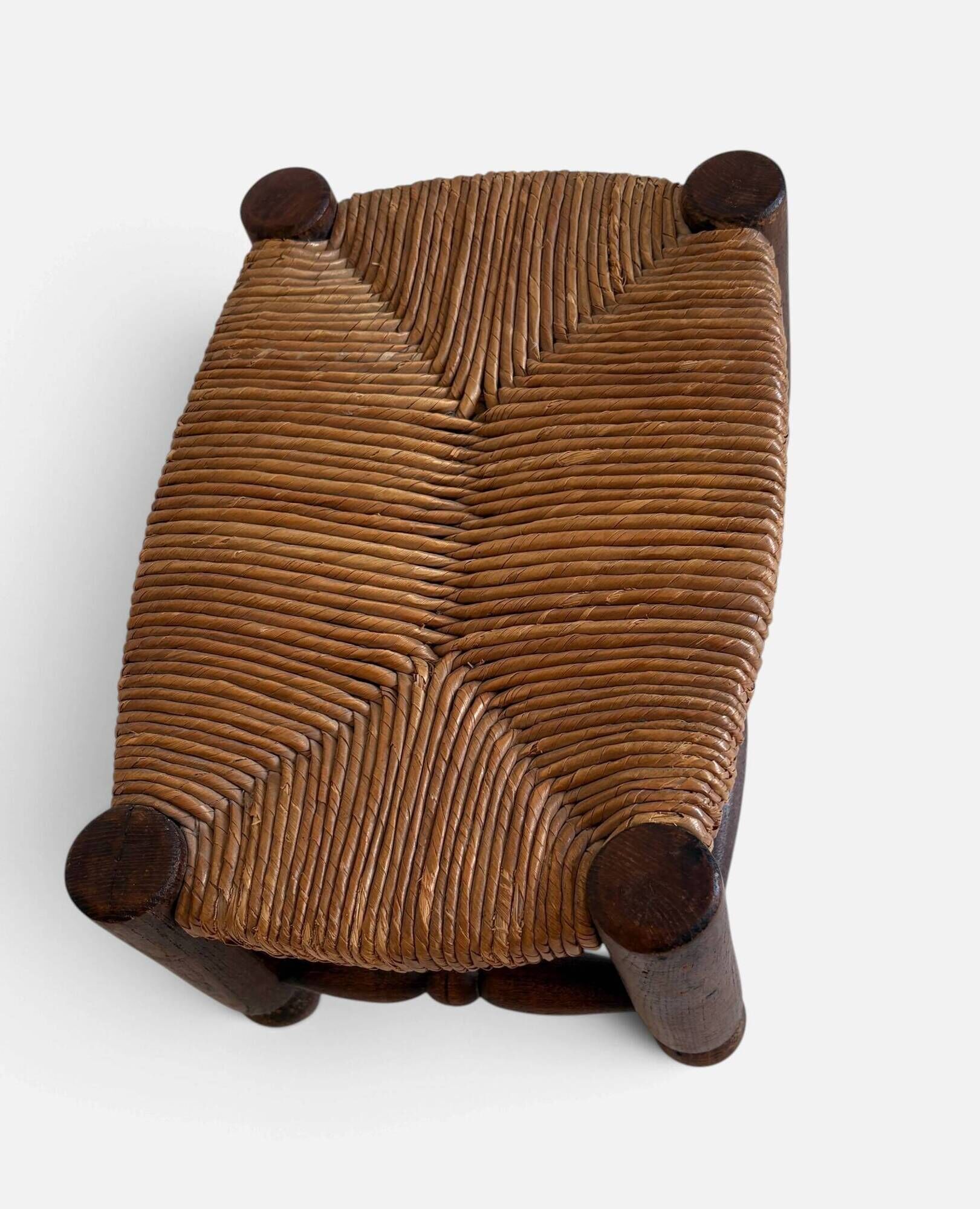 Rustic French Low Footstool in Turned Wood and Rush, Early 20th Century
