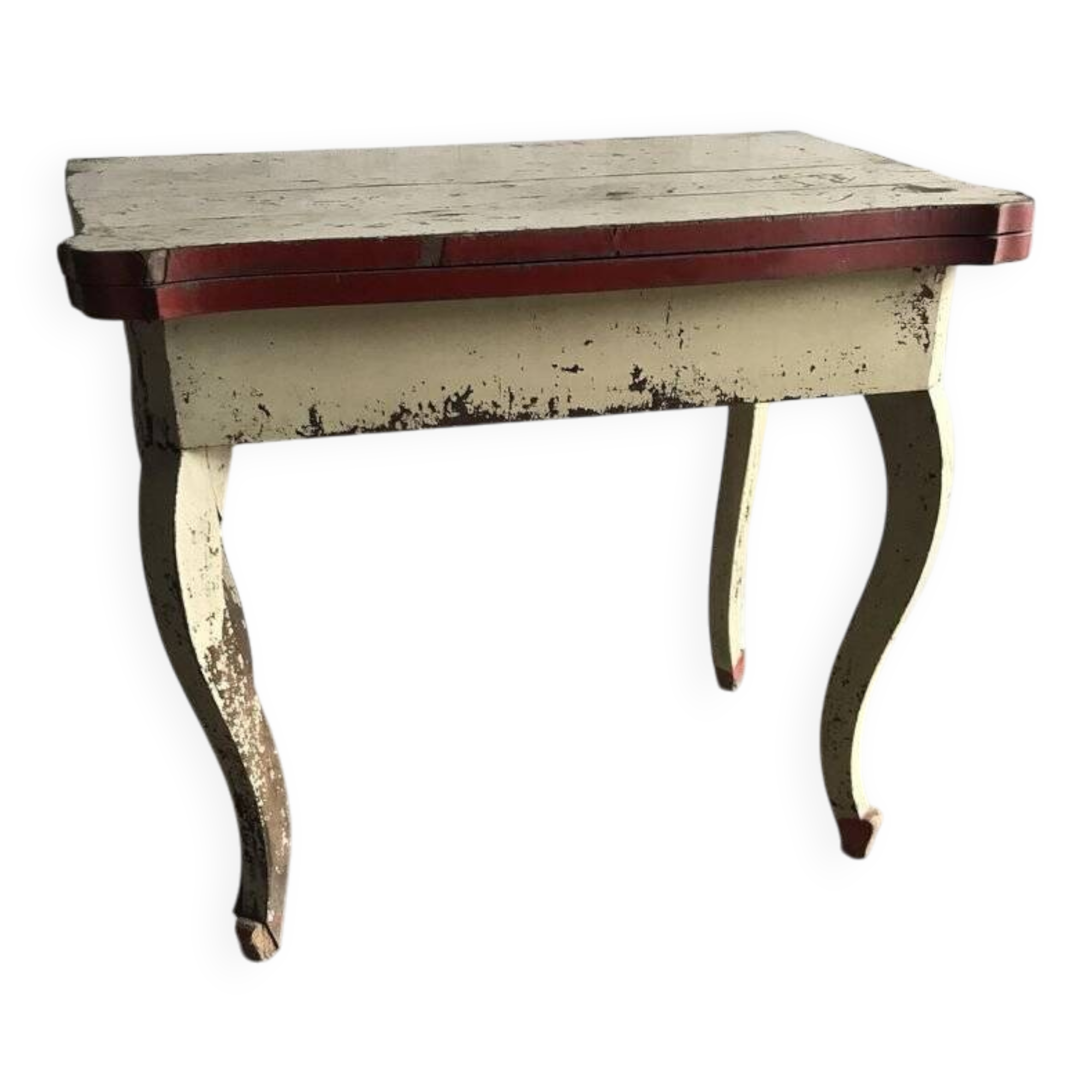 Rustic red and cream wooden dining table, moulded top, 1950s.