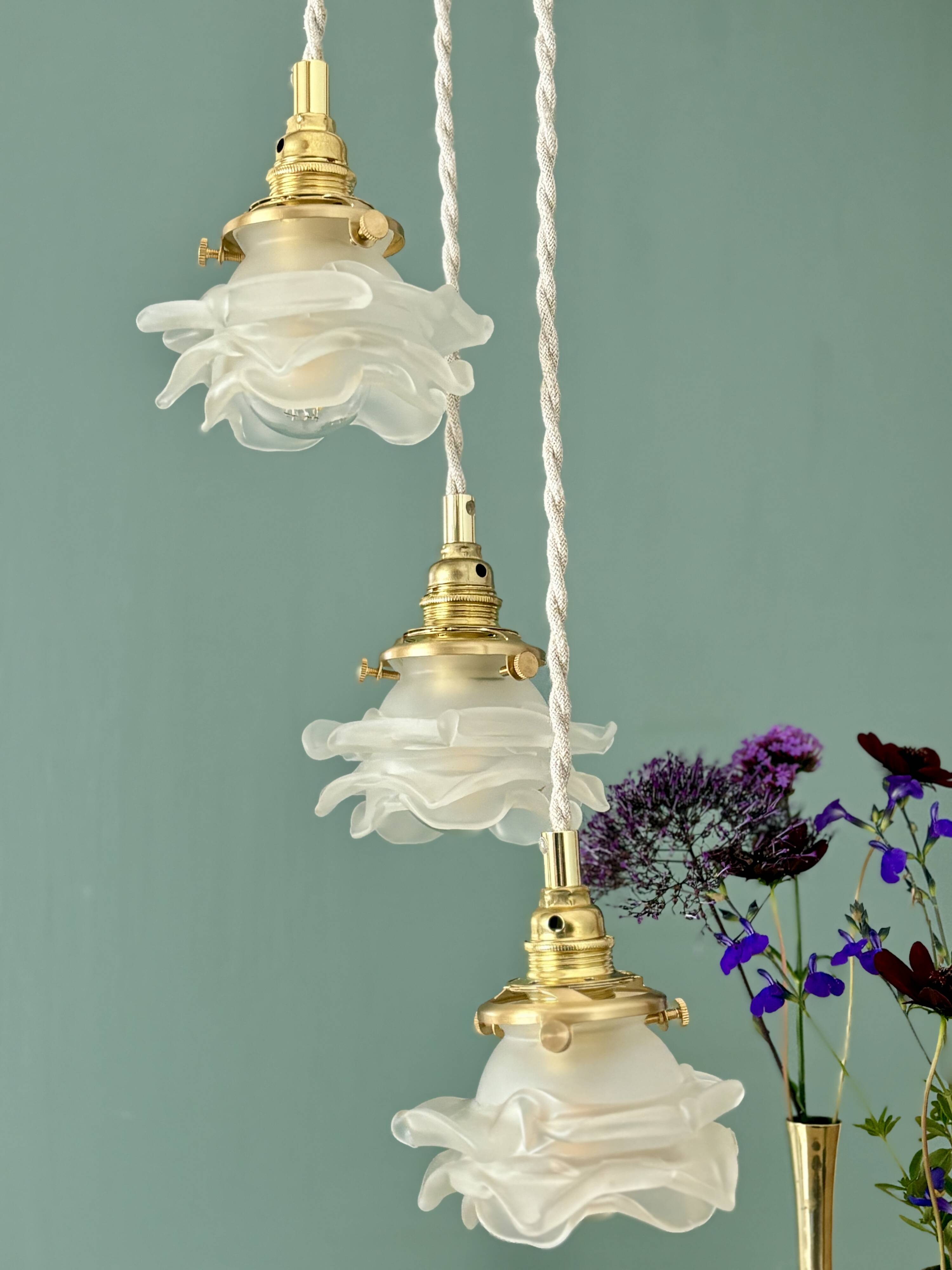 Vintage triple tulip pendant light in frosted glass in the shape of flowers