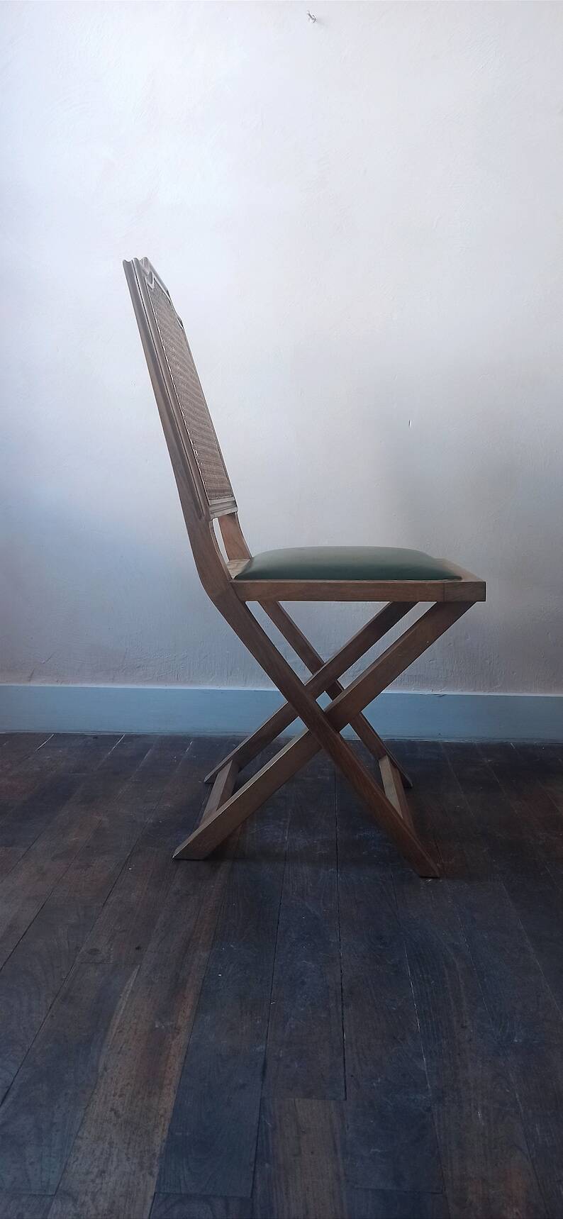 Set of 6 vintage French chairs in solid wood, canework and sky green