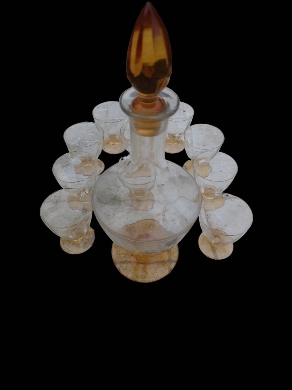 Amber liquor service 1930 glass and faceted carafe