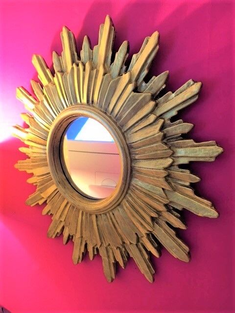Mirror sun gilded wood leaf, 52 cm double shelving
