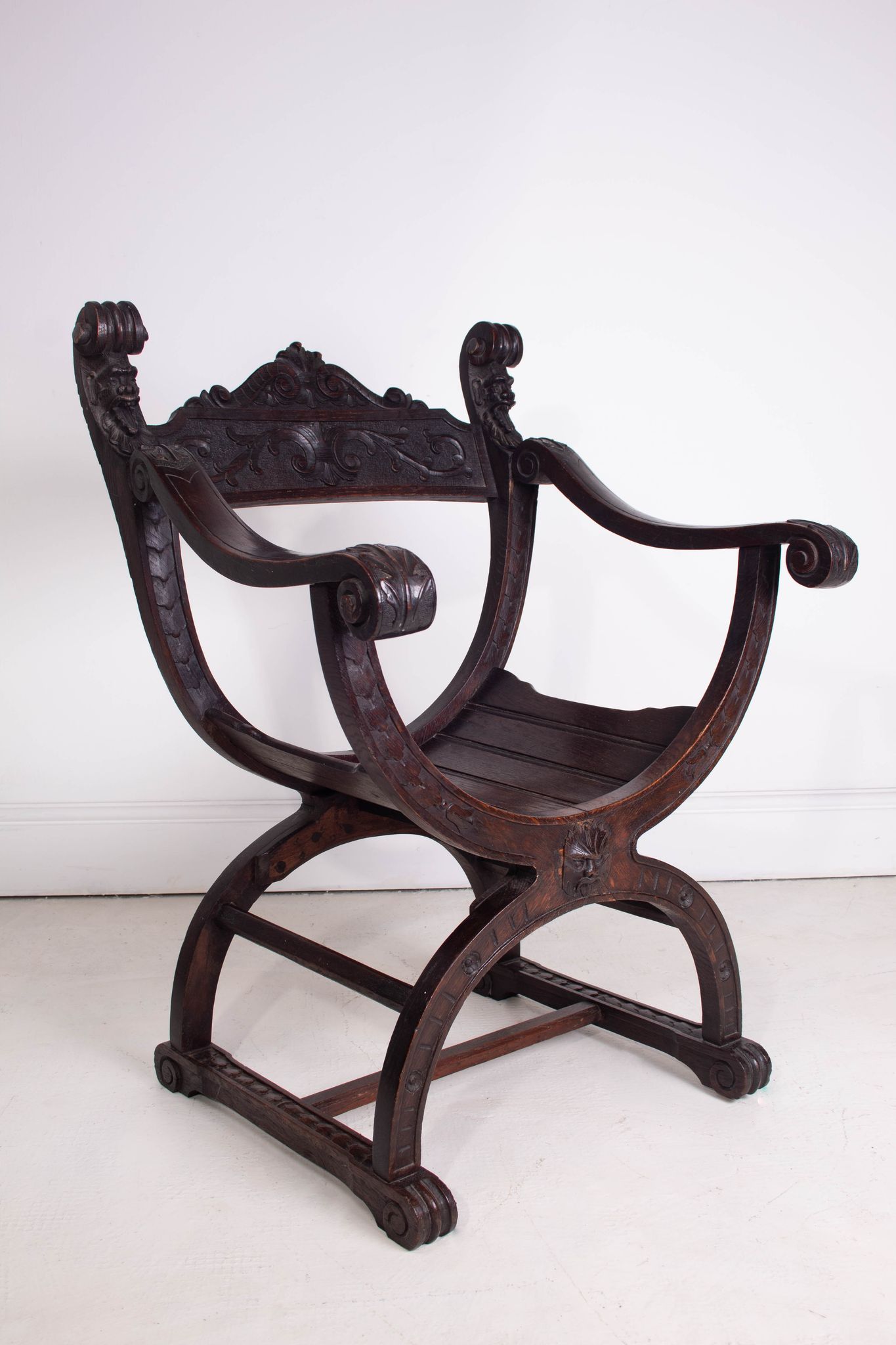 19th Century Antique Oak Florentine Savonarola Dante Luther Throne X Frame Chair