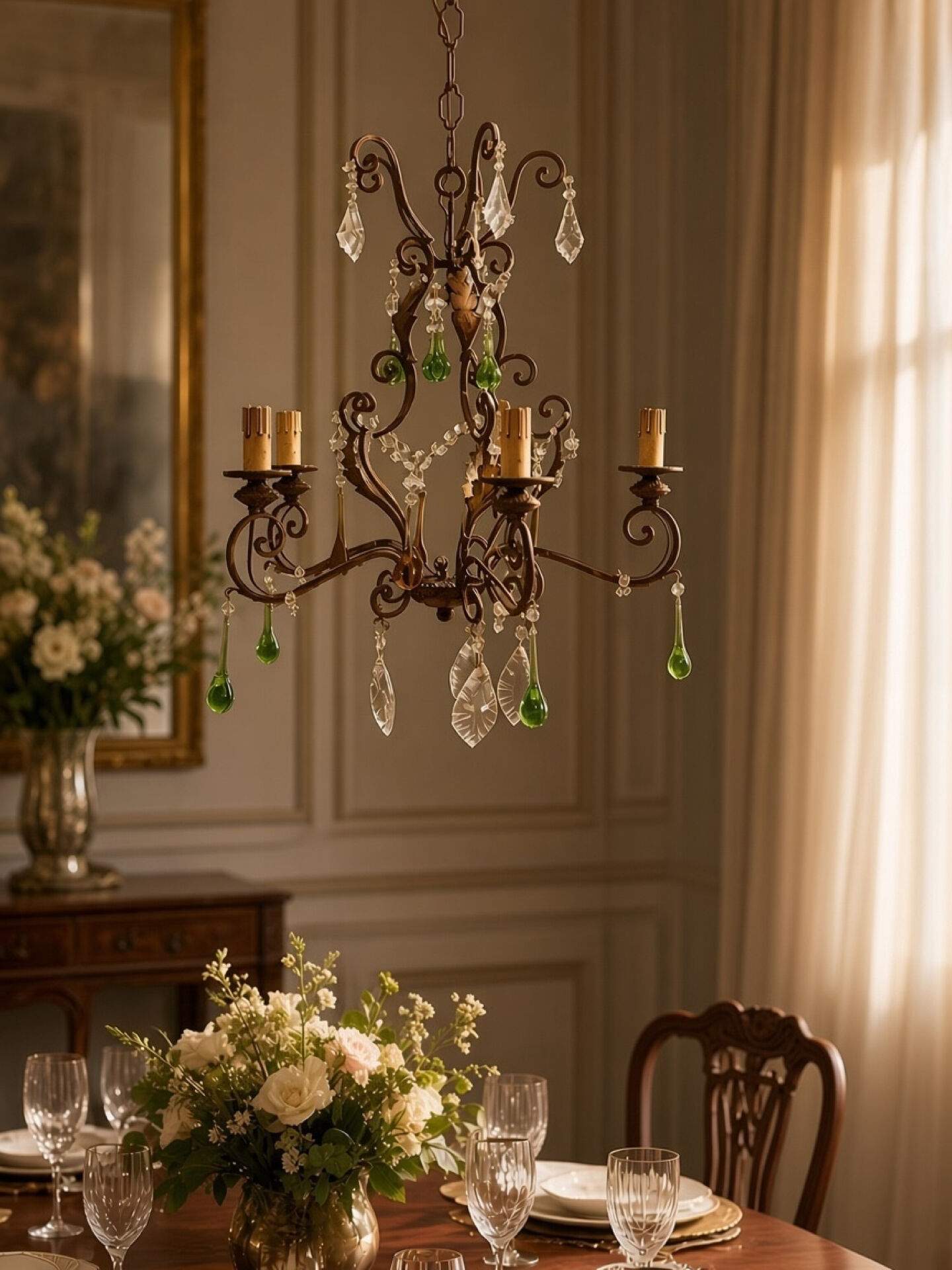 Italian 5-Light Tole Chandelier with Green & Amber Murano Glass Drops,