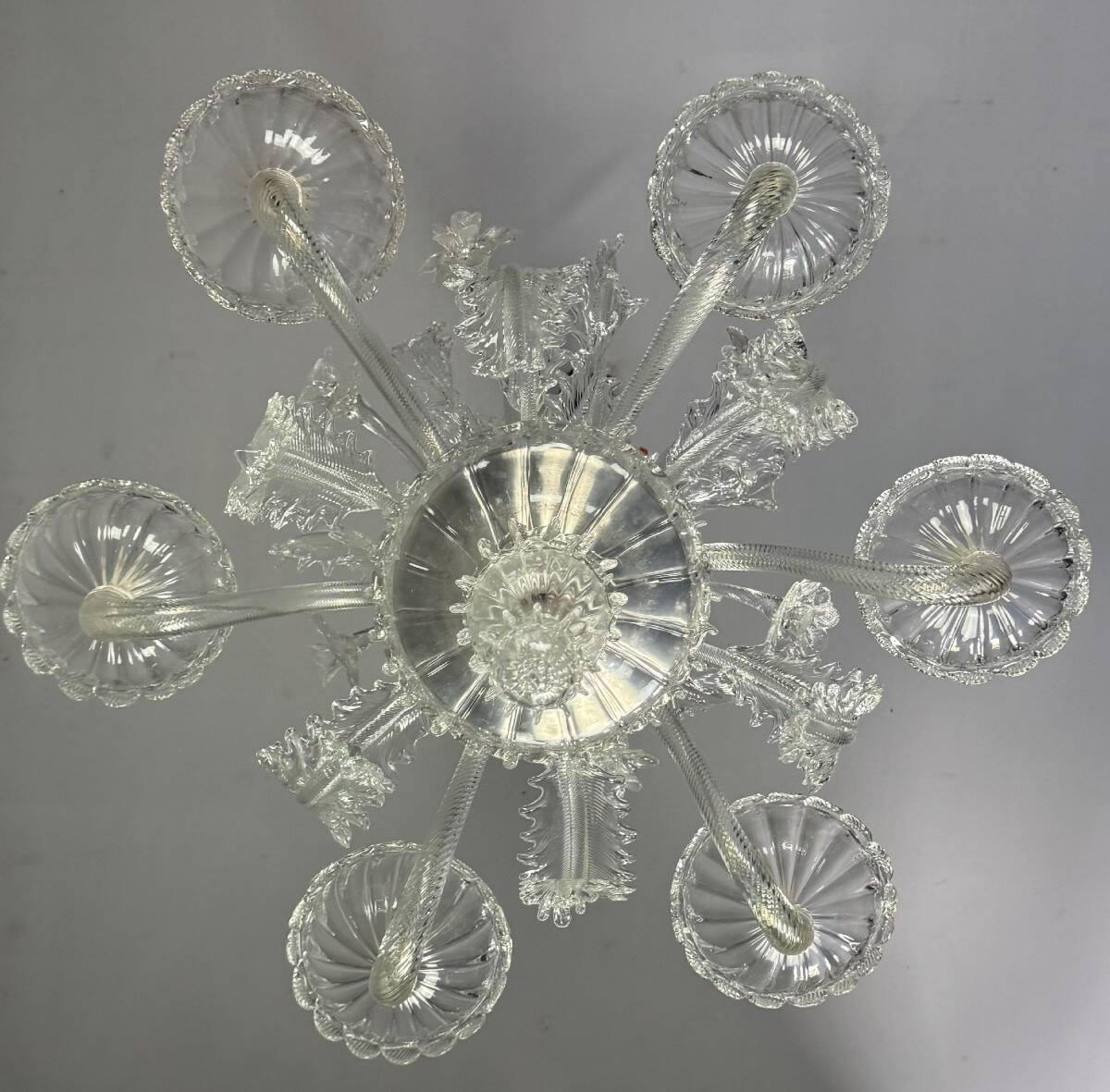 Venetian chandelier in colorless Murano glass, 6 light arms, circa 1940
