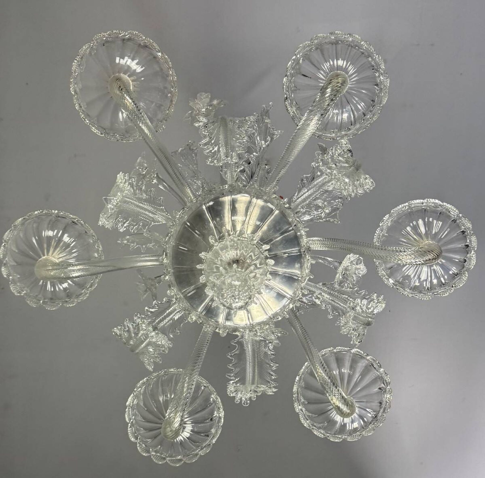 Venetian chandelier in colorless Murano glass, 6 light arms, circa 1940