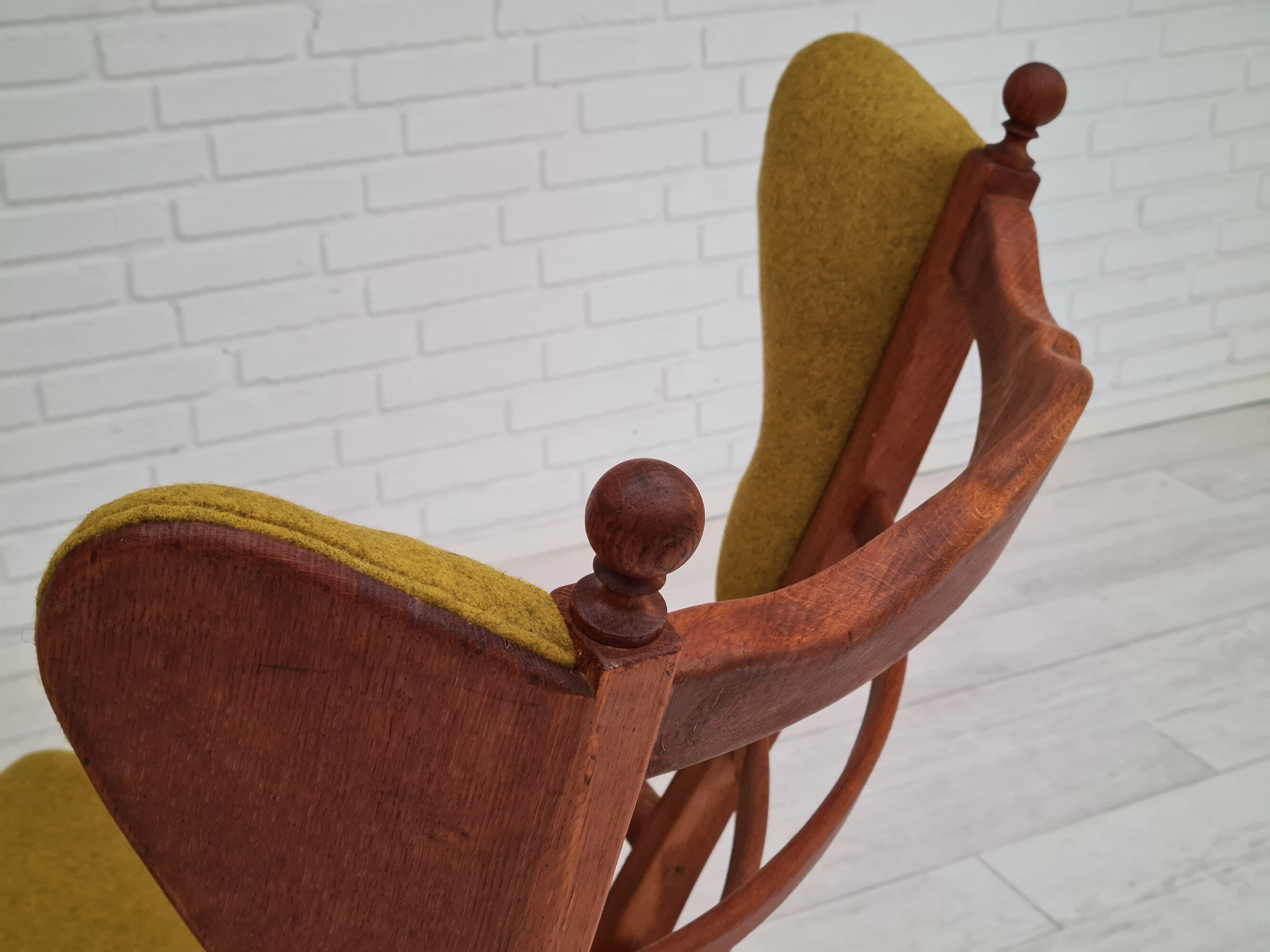 Danish high-backed ear flap chair, 1960s, reupholstered, solid oak, furniture wool