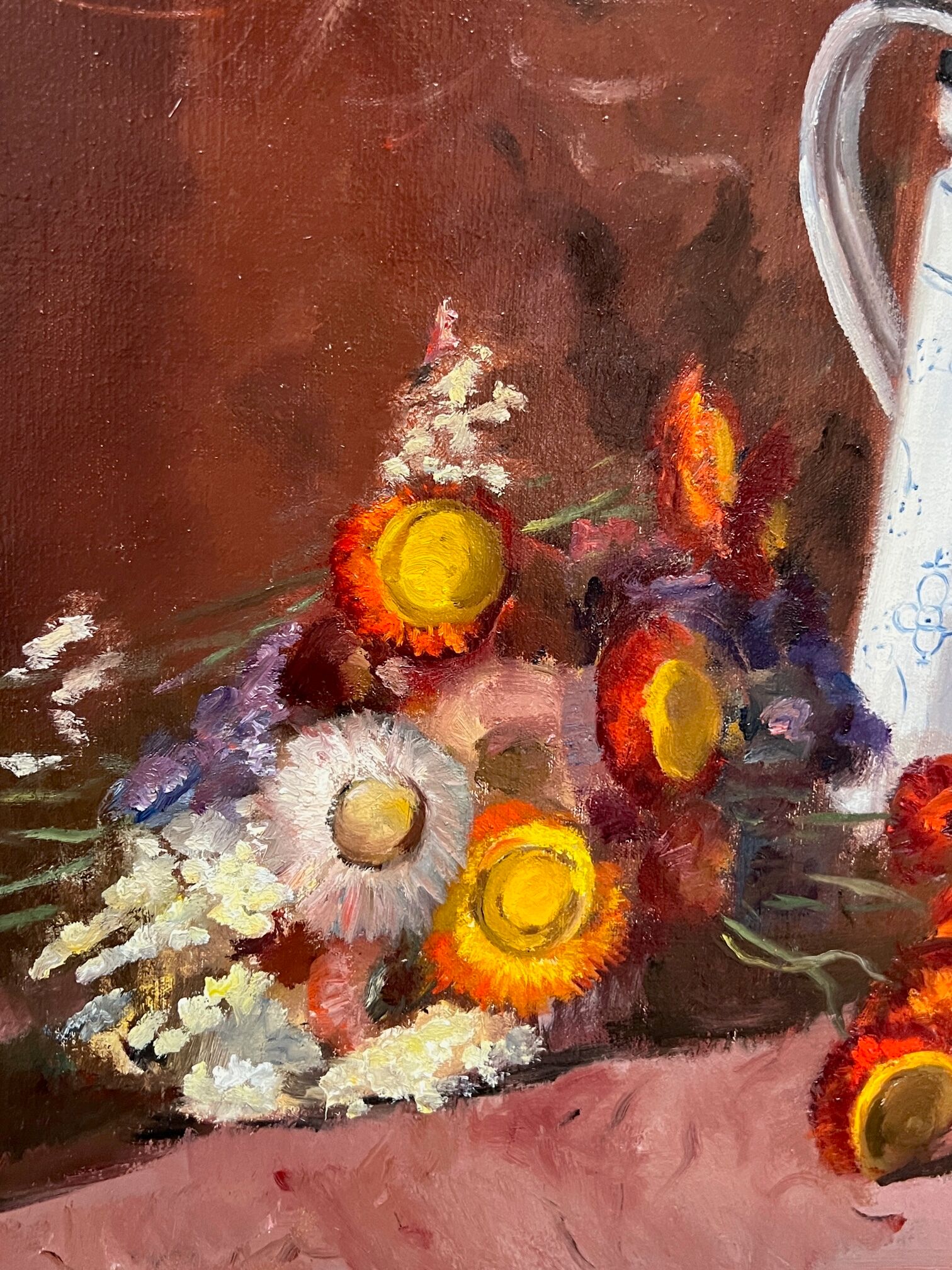 Painting, still life with flowers and fruits.