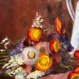 Painting, still life with flowers and fruits.