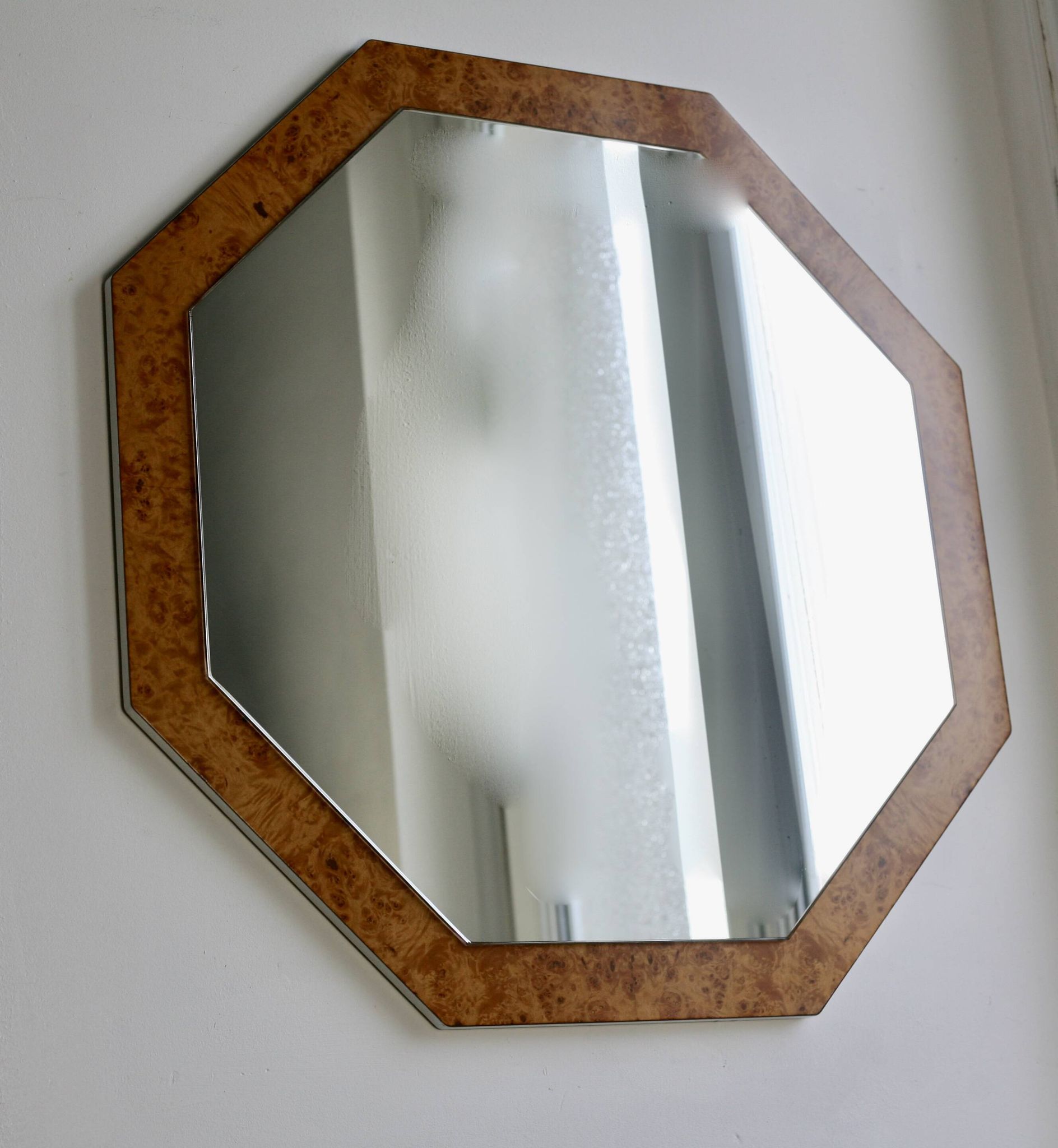 70s mirror, burl wood, metal frame