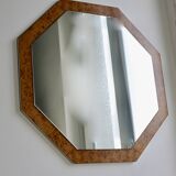 Miroir années 70, loupe de bois, encadrement métal