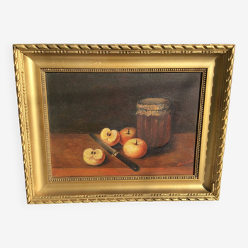 Painting on panel apples and the jar of jam