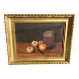 Painting on panel apples and the jar of jam