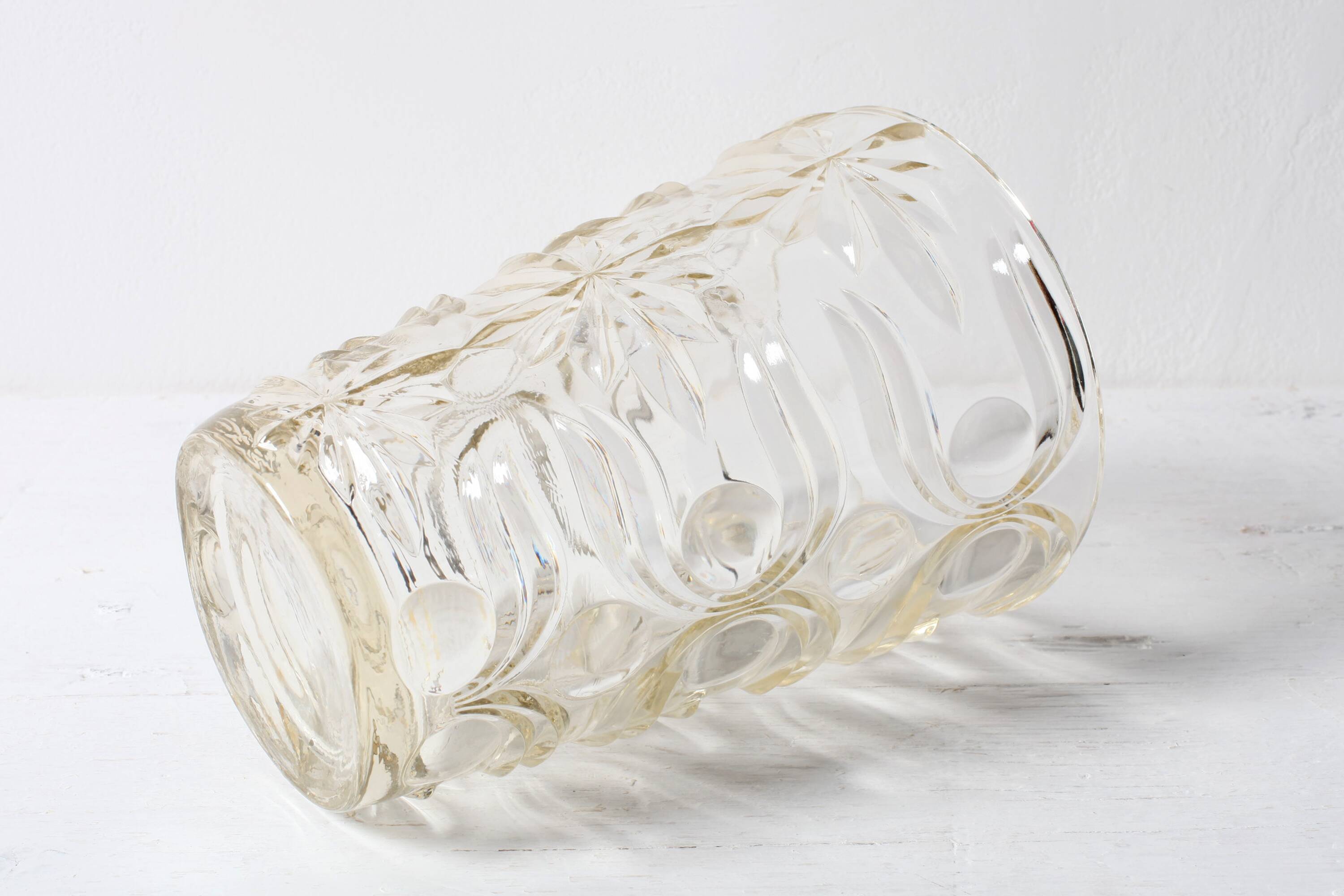 Mid-century Solid Heavy Clear Pattered Glass Flower Vase / Fidenza / Italy