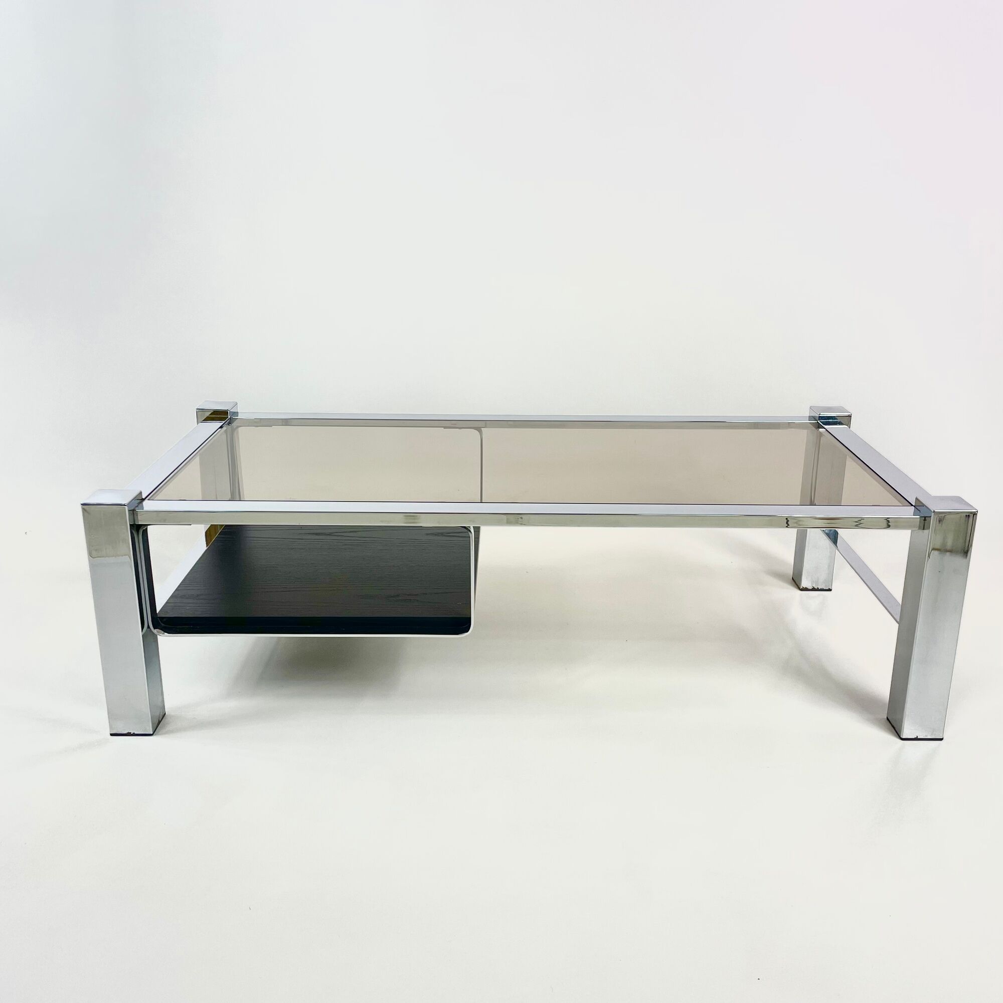 Belgo chrom chrome coffee table, smoked glass top and wooden undertray, circa 1980